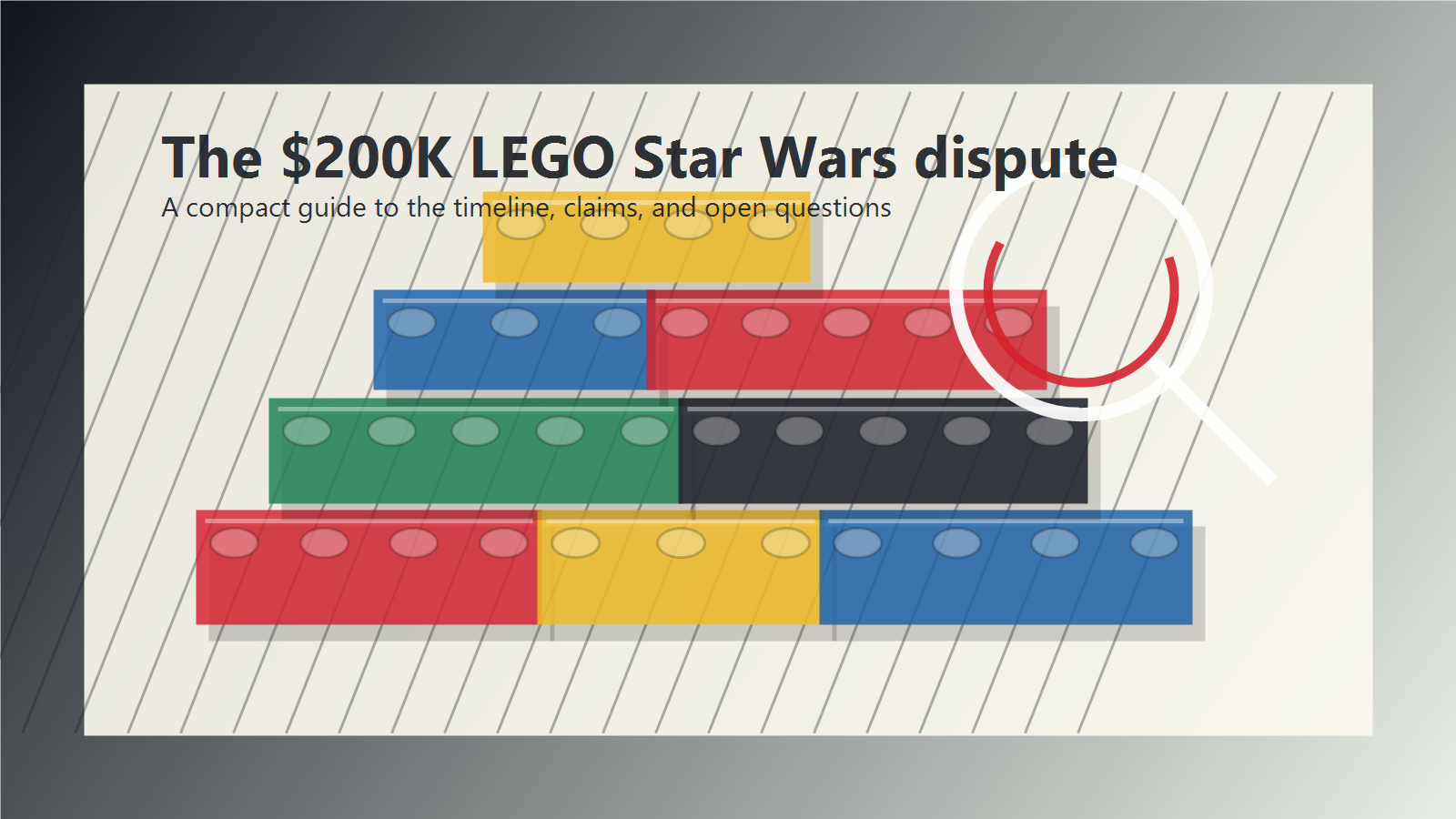 Illustration of stacked toy bricks under an investigative magnifying glass